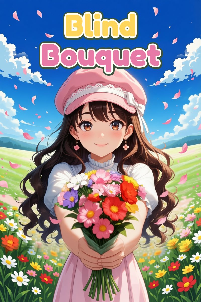 Blind Bouquet のタイトル画像。ピンクの帽子をかぶった女の子が、花畑の中で色とりどりの花束をこちらへ差し出している。