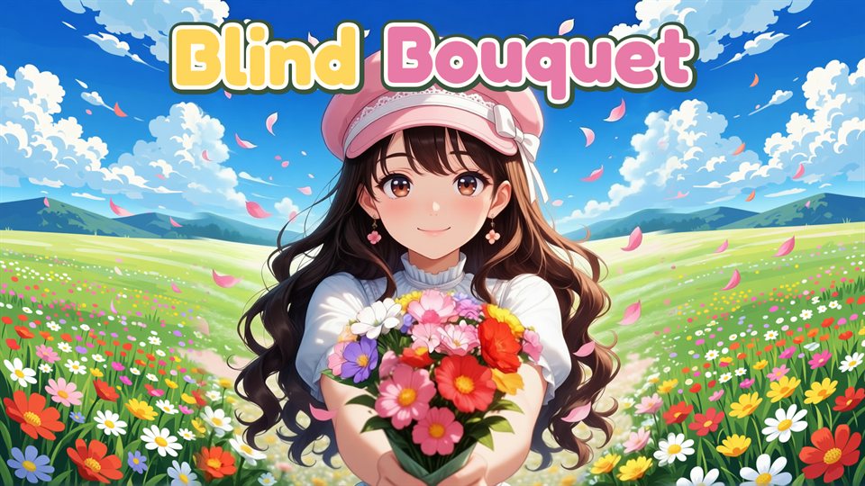 Blind Bouquet のタイトル画像。ピンクの帽子をかぶった女の子が、花畑の中で花束を差し出している。