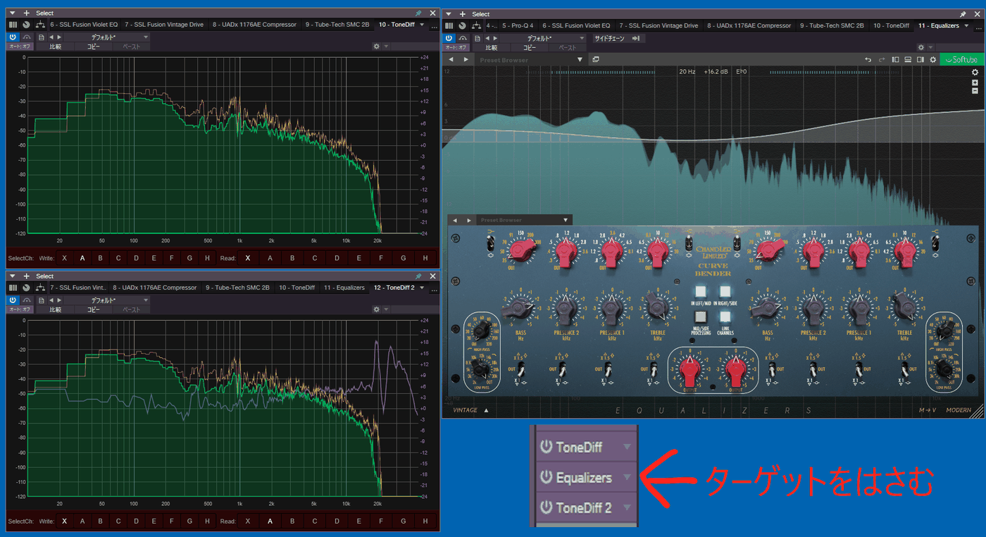 EQ プラグインの前後に ToneDiff を挿し、通過前と通過後の周波数特性を重ねて表示している画面。下段には両者の差分が別の線で描かれている。